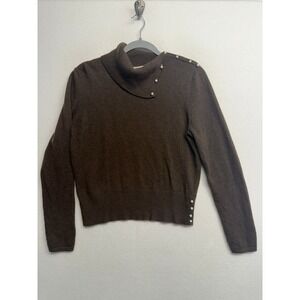 Mainbocher Pure Cashmere Brown Pearl Accent Asymmetrical Collar Sweater Large